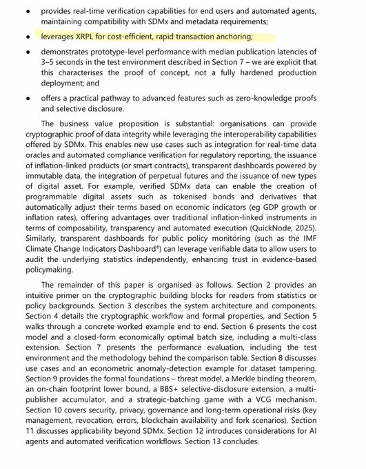 Text excerpt from a whitepaper describing features including real-time verification with SDMx and metadata, leveraging XRPL for cost-efficient transaction anchoring, prototype-level performance with 3–5 second publication latencies, and zero-knowledge proof capabilities, followed by an overview of the paper's section structure.