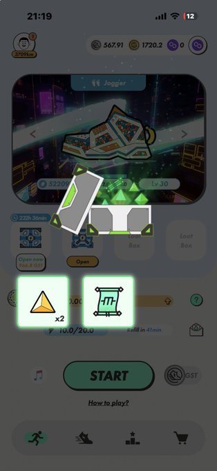 A screenshot from a mobile game called "Jogger" showing a sneaker reward screen with green gems and a "START" button, displaying in-game currencies and a level 30 indicator.