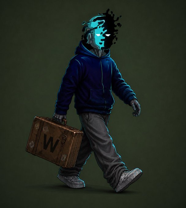 A stylized illustration of a figure in a blue hoodie and robotic mask with glowing cyan eyes, carrying a vintage brown suitcase marked with a 'W', with black ink-like substance emerging from the head.