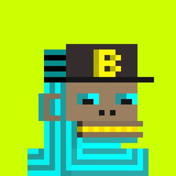 A pixel-art style character on a bright green background, depicting a brown-skinned face with glowing cyan eyes, a wide mouth with yellow teeth, and cyan geometric hair/accessories, wearing a black hat with a yellow "B" logo.