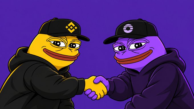 Two cartoon frog-like mascots in black hoodies and caps shake hands against a purple background, representing a partnership. The image visually supports the post’s announcement about Binance Wallet powering token swaps on Orderly through the Binance Web3 API, with no prominent text or numbers visible.