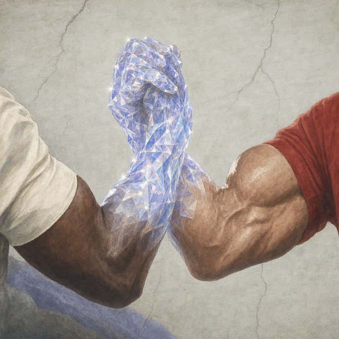 A classical-style painting depicts two muscular arms, one in white sleeves and one in red sleeves, clasping hands in a 'brotherhood' handshake where the clasped hands are rendered as translucent blue crystalline polygons.