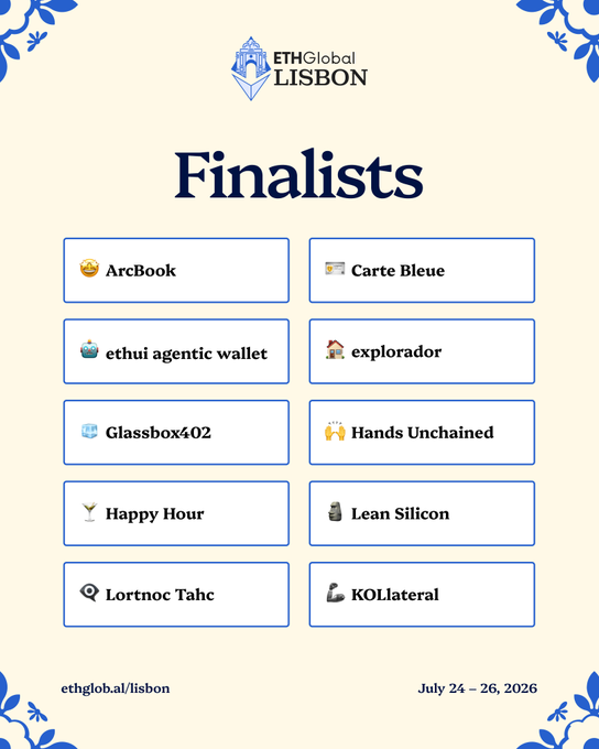 The image displays an "ETHGlobal Lisbon" finalist announcement graphic featuring 10 project names in a two-column grid: ArcBook, Carte Bleue, ethui agentic wallet, explorador, Glassbox402, Hands Unchained, Happy Hour, Lean Silicon, Lortnoc Tahc, and KOLlateral. The post promotes watching the Closing Ceremonies playback on YouTube to see demos of each finalist project listed.