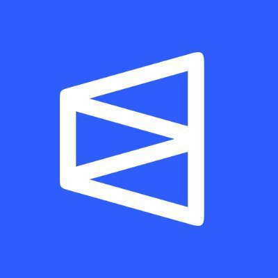 A simple white geometric logo resembling a stylized 'B' or folded ribbon set against a solid blue background.