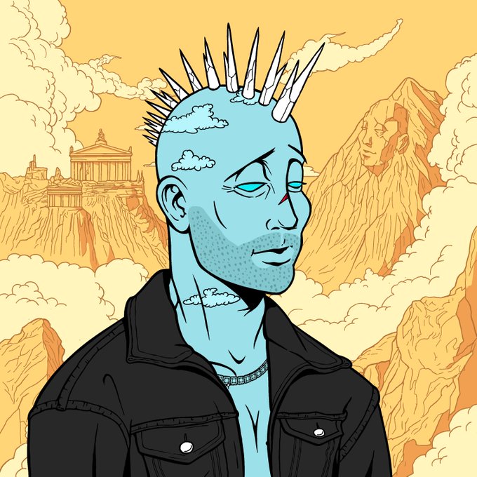 A blue-skinned figure with a spiked mohawk and clouds on his face and neck stands in a black jacket against an orange sky featuring a temple and a mountain carved with faces. The imagery evokes the deity-like aesthetic associated with the Degods NFT collection, aligning with the post's claim about its longstanding mythological presence.
