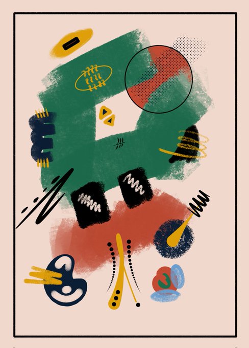 A vibrant abstract painting features a variety of shapes, colors, and lines, including circles, triangles, squares, rectangles, and lines in shades of green, red, yellow, blue, black, white, orange, pink, purple, and gray.