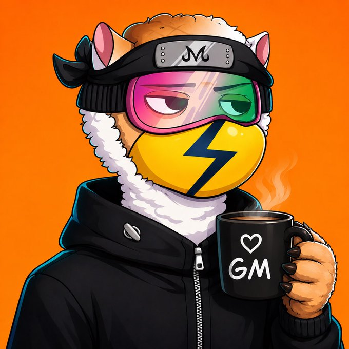 An illustrated anthropomorphic character wearing ski goggles, a ninja headband, and a black jacket holds a steaming mug that says 'GM' with a heart.