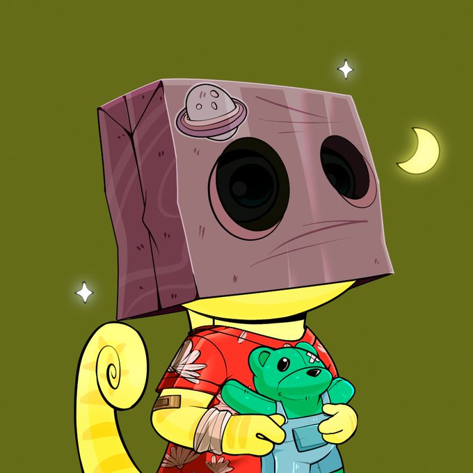 A cartoon yellow character wearing a paper bag mask with a UFO drawn on it holds a small green frog, set against a night sky with a crescent moon and stars—evoking a whimsical, surreal vibe fitting the "1/1 NFT giveaway" announcement.