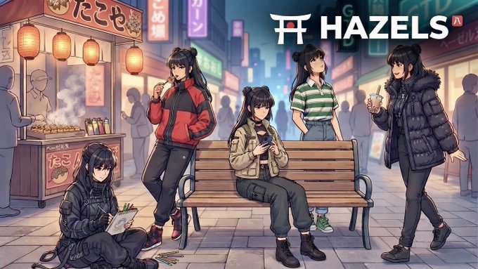 An anime-style illustration titled 'HAZELS' depicting several young women with dark hair in casual streetwear at a night market scene with food stalls and red lanterns.