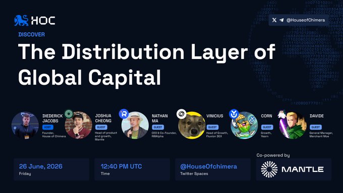 The image is a promotional graphic for a Twitter Spaces event titled "The Distribution Layer of Global Capital," hosted by House of Chimera and co-powered by Mantle on June 26, 2026, at 12:40 PM UTC, featuring speakers including Diederick Jacobs, Joshua Cheong, Nathan Ma, Vinicius, Corn, and Davide. The accompanying post announces a discussion on xStocks and tokenized assets like $SPCX, tying into the event's focus on capital distribution and tokenization incentives.