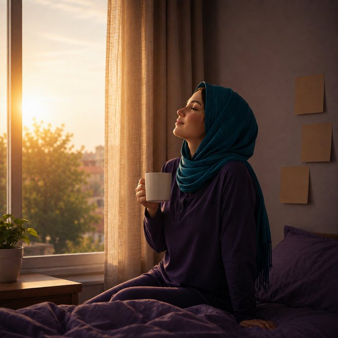 A woman wearing a blue hijab and purple clothing sits by a window, holding a mug and basking in the warm golden light of the sunset.