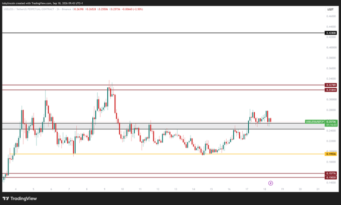 TradingView chart showing USD/IDR perpetual contract on Binance, currently at 0.26242 (+0.00663 / +2.50%), with horizontal support and resistance levels marked.