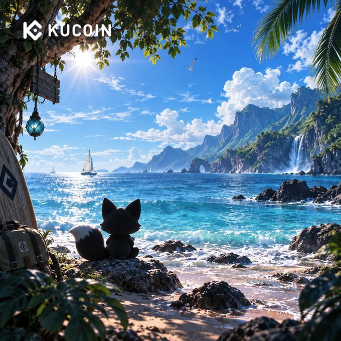"Despite the long journey, the way back is always bittersweet." - KuKu watches the sunset from a tropical island, dreaming of the journey home after exploring this beautiful KuCoin campaign destination.

The KuCoin logo is visible in the upper left corner with a black fox-like creature resembling KuKu sitting peacefully on rocks overlooking the ocean, sailboats, and distant cliffs, perfectly capturing the contemplative mood about returning home from a grand adventure.