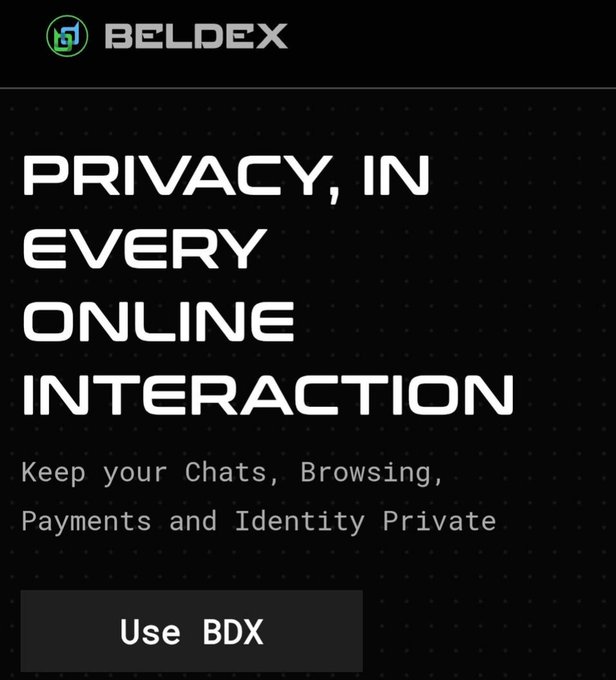 A Beldex advertisement stating 'PRIVACY, IN EVERY ONLINE INTERACTION' and 'Keep your Chats, Browsing, Payments and Identity Private' with a 'Use BDX' button.