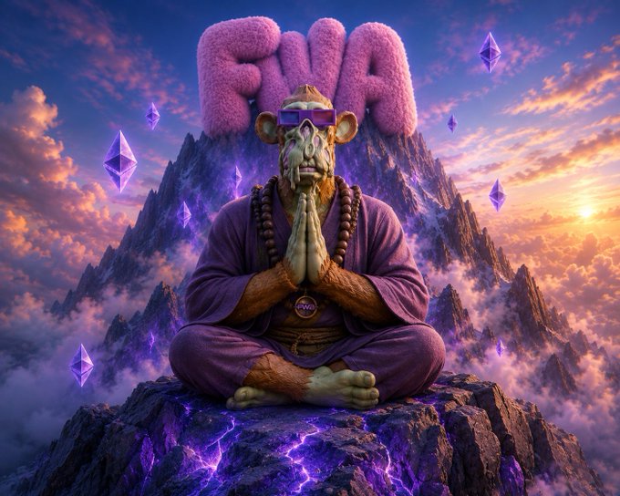 A digital artwork depicting a meditating monkey figure wearing purple robes, sunglasses, and prayer beads, seated in a lotus position on a mountain peak with purple energy below. The word "FWA" appears in pink fluffy letters above the figure against a sunset sky with floating purple crystals.