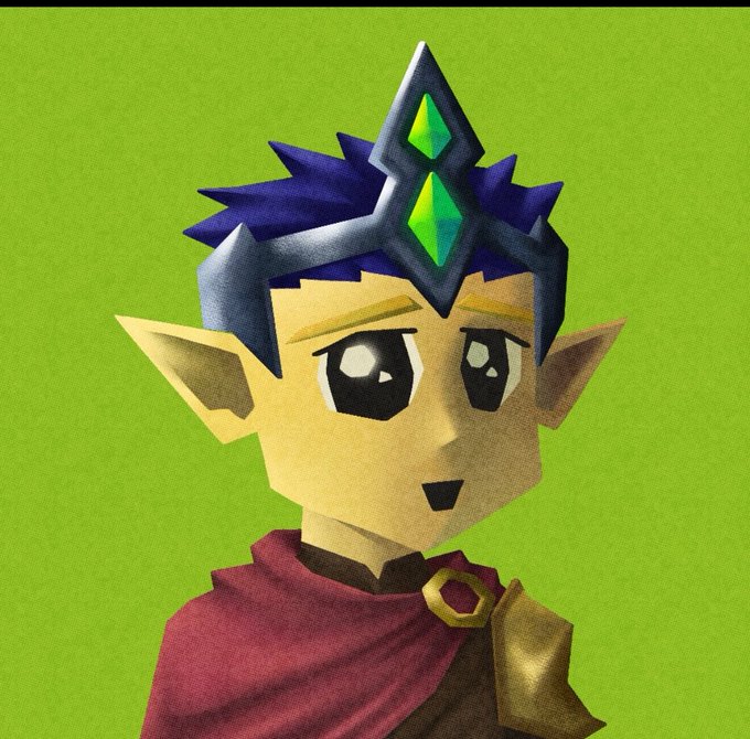 A 3D rendering of an elf-like character with spiky blue hair, a silver crown with green gems, large eyes, and a red cape against a solid green background.
