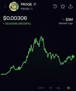 A mobile screenshot shows the $FROGE token priced at $0.00306 with a 663.06% gain (up $0.00266) and a $3M market cap, displayed on a green price chart. The image relates to the post by providing the key financial metrics and ticker symbol for the newly launched FROGE coin, supporting claims about its recent performance.
