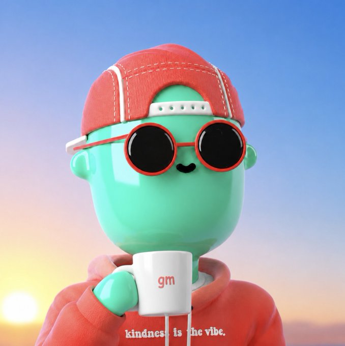 A 3D-rendered green character wearing a red cap, round sunglasses, and a hoodie holds a white mug with 'gm' written on it, set against a sunset sky with the text 'kindness is the vibe.'