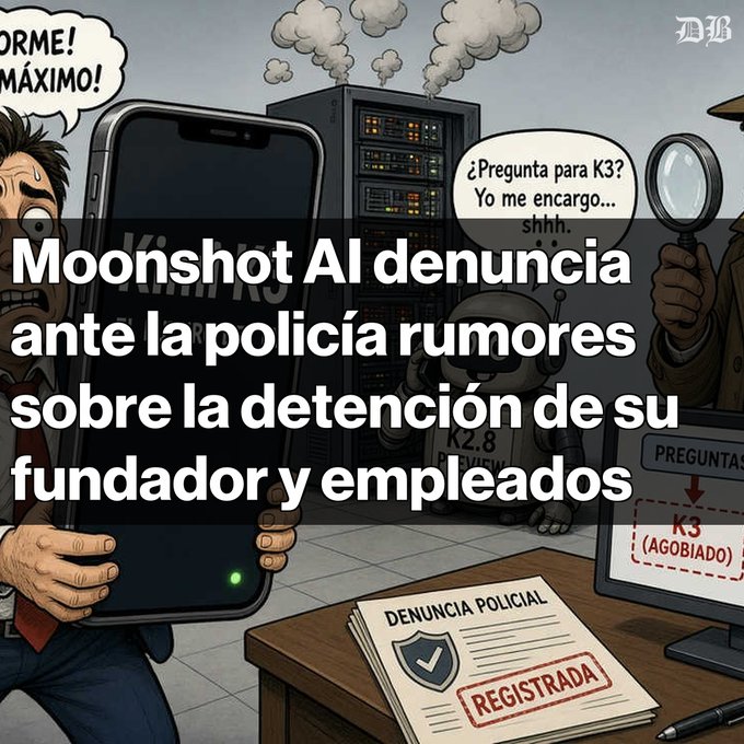An illustrated news graphic with Spanish text 'Moonshot AI denuncia ante la policía rumores sobre la detención de su fundador y empleados', showing cartoon figures including a robot labeled 'K2.8' and a document marked 'DENUNCIA POLICIAL REGISTRADA'.