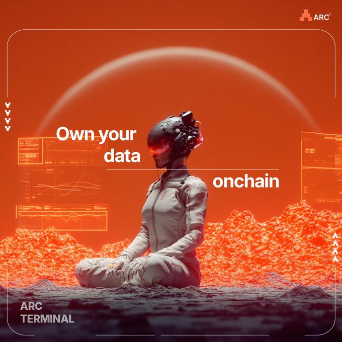 The image features a woman sitting cross-legged with her hands resting on her knees, wearing a helmet for protection. The background of the image shows a red circle with an orange border, which appears to be a computer screen displaying various data points. The caption below the image reads "OWN YOUR DATABASE ONCHAIN".