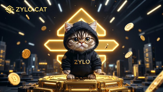 Digital artwork of a gray tabby cat wearing a black hoodie with 'ZYLO' written on it, sitting on a glowing golden platform surrounded by floating gold coins with a city skyline in the background, branded with 'ZYLOCAT'.