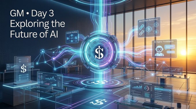A digital graphic titled "GM • Day 3 Exploring the Future of AI" showing a futuristic high-tech environment with a glowing circular AI network hub, data screens, and blockchain icons at sunset.