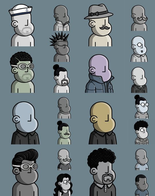 A grid of stylized cartoon character avatars featuring diverse designs—including figures with sailor hats, mohawks, mustaches, glasses, and various hairstyles in muted colors. The NFT-style portrait collection visually represents the @npconchain characters being referenced in the post about accumulating NFTs at attractive floor prices amid lower ETH prices.