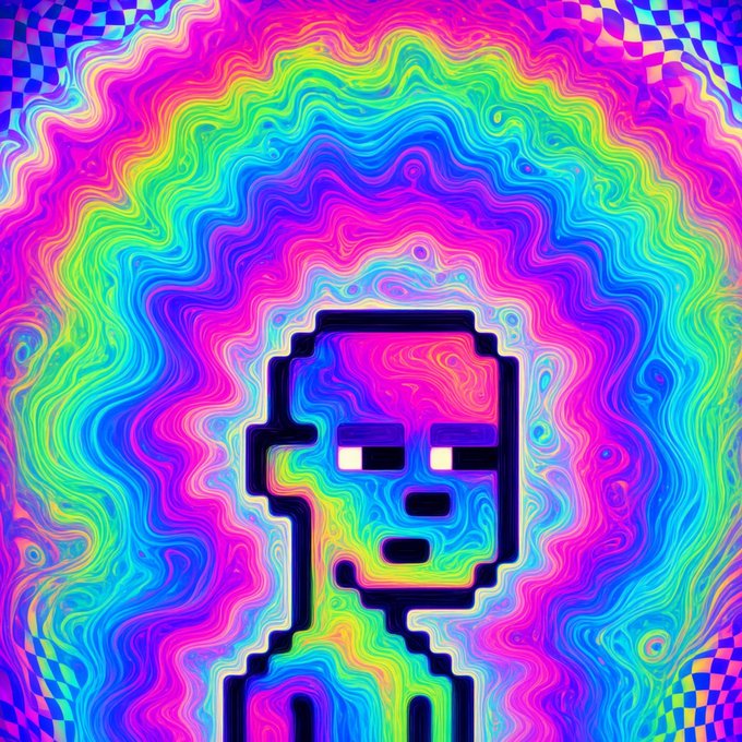 A vibrant, psychedelic digital illustration of a pixelated character surrounded by swirling rainbow patterns.