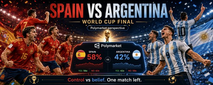A promotional graphic for a Spain vs Argentina World Cup Final prediction on Polymarket, showing Spain at 58% and Argentina at 42% with the tagline 'Control vs belief. One match left.'