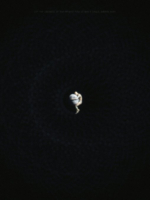 A dark, minimal image showing a small figure falling or floating in vast darkness, with faint text reading 'LET THE THOUGHTS OF THE OTHERS FADE UNTIL A SMALL FIGURE LEFT'.