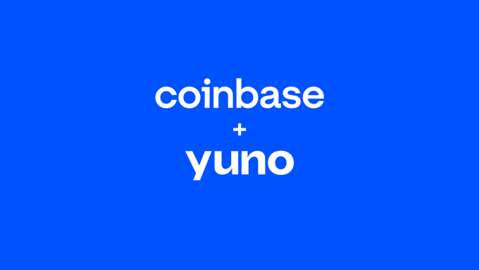 The image features a bright blue backdrop with the white text "coinbase + yuno" displayed prominently in the center, visually representing the partnership announced in the post where Coinbase's stablecoin payment solutions are now seamlessly integrated into Yuno's merchant platform.