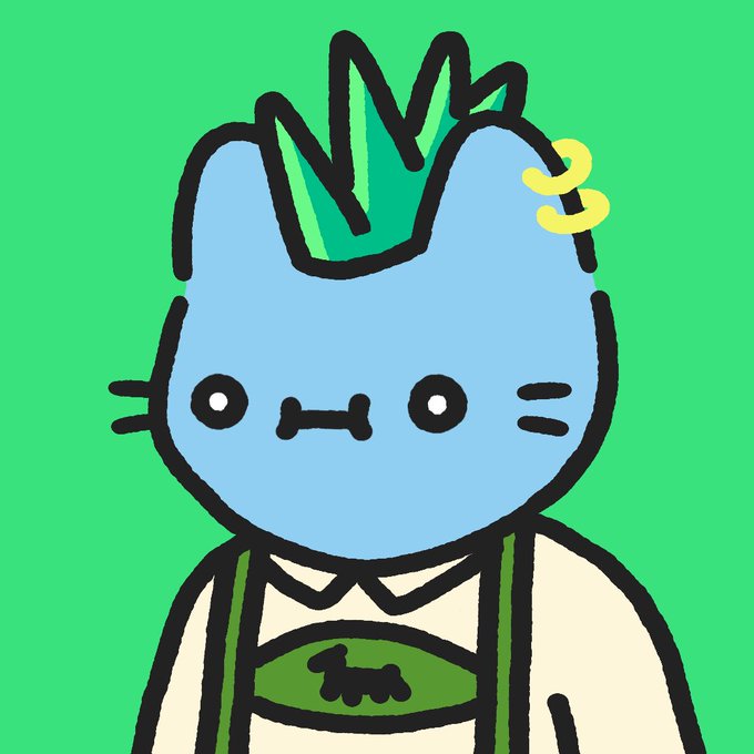 Cartoon illustration of a blue, simple-faced character with green sprout-like ears wearing green overalls, set against a green background.
