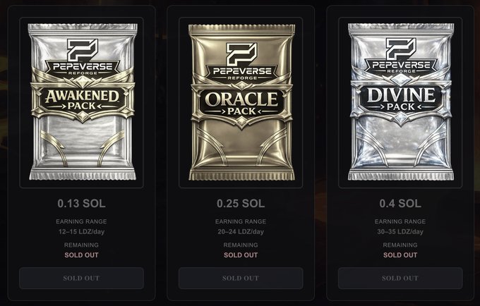 Three product cards labeled 'Awakened Pack', 'Oracle Pack', and 'Divine Pack' from Pepeverse Perforce, priced at 0.13 SOL, 0.25 SOL, and 0.4 SOL respectively, all marked as 'SOLD OUT'.