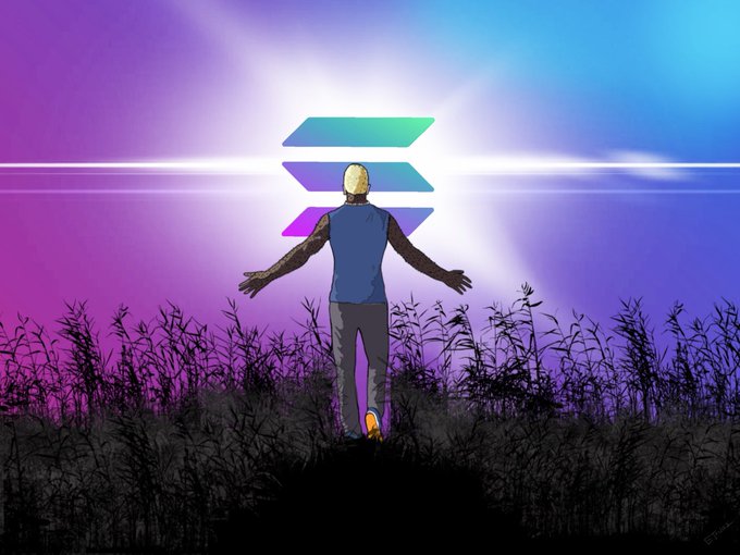A digital illustration shows a figure from behind with arms outstretched toward the glowing purple and blue Solana (SOL) logo in the sky.