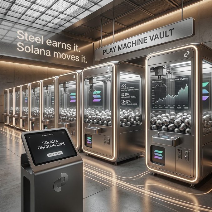 Digital artwork depicting a futuristic vault filled with Solana-themed play machine capsules, with text reading "Steel earns it. Solana moves it." and a kiosk displaying "SOLANA ONCHAIN LINK".