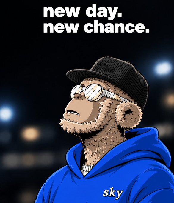 An illustrated monkey character wearing a black beanie with "Free" text, round sunglasses, and a blue hoodie with "sky" written on it, accompanied by the motivational text "new day. new chance."