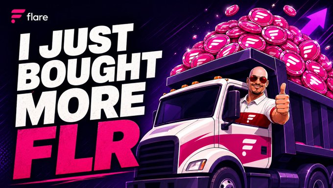 A promotional graphic with the text 'I JUST BOUGHT MORE FLR' featuring a man giving a thumbs up next to a truck loaded with pink Flare cryptocurrency coins.