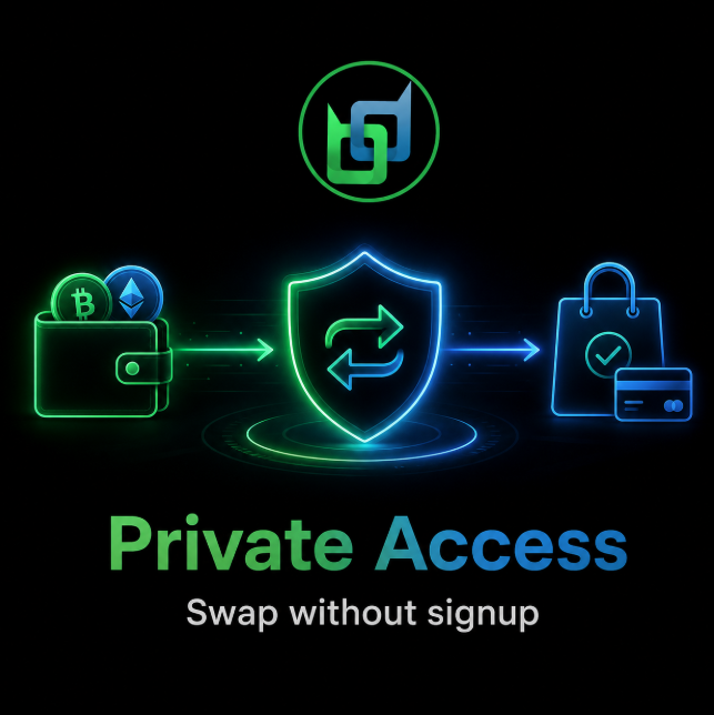 A neon-styled digital graphic promotes private cryptocurrency swapping with the text 'Private Access - Swap without signup,' featuring glowing wallet, shield with exchange arrows, and shopping bag icons.