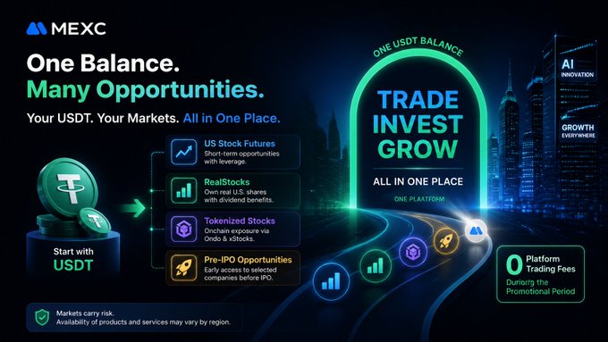 A MEXC cryptocurrency promotional graphic titled 'One Balance. Many Opportunities.' highlighting features like US Stock Futures, RealStocks, Tokenized Stocks, and Pre-IPO Opportunities.
