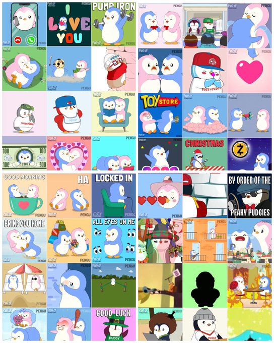A grid of various cartoon Pudgy Penguins NFT collectibles, each featuring a small penguin in different scenarios and themes like 'Love You', 'Pump Iron', 'Toy Store', and 'Good Luck'.