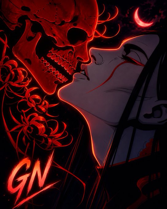 A dark, gothic digital illustration shows a man kissing a red skeletal figure resembling the Grim Reaper, with red spider lilies and a crescent moon in the background, and the stylized text "GN" in the corner. The image plays on the "Good Night" abbreviation as a visual mood-setter, contrasting the eerie death imagery with the post's message about sleep data ownership—hinting at how ignoring data rights leaves users in a lifeless, dark relationship with the information their bodies generate each night.