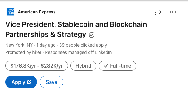 LinkedIn job posting from American Express for 'Vice President, Stablecoin and Blockchain Partnerships & Strategy' based in New York, NY, offering $176.8K–$282K/yr hybrid full-time.