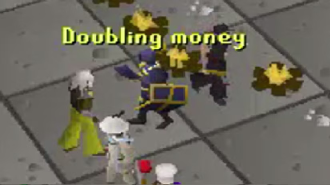 A low-resolution Old School RuneScape screenshot shows multiple characters standing on a stone tile floor with yellow coin piles scattered around and the text "Doubling money" displayed at the top, visually illustrating the meme-like theme of doubling one's RuneScape gold referenced in the post about trading the in-game "$gp" currency.