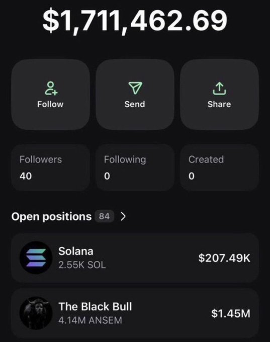 A screenshot of a cryptocurrency portfolio showing a balance of $1,711,462.69 with 40 followers and 84 open positions, including $207.49K in Solana (2.55K SOL) and $1.45M in The Black Bull token (4.14M ANSEM). The image appears to showcase the wealth of the account holder, likely as a promotional tool to attract followers and entries to a $SOL giveaway requiring participants to follow and engage with the post.
