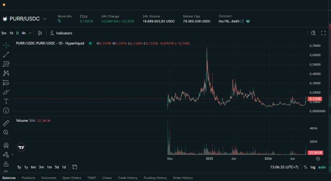 A TradingView chart displays the PURR/USDC meme coin on Hyperliquid, showing a dramatic price spike from near-zero to peaks above $0.00006000 around May 2025 before declining, with the caption noting that Hyperliquid airdropped $PURR to early users who could have profited by exiting at $0.20–$0.30 during its rapid FDV pump from ~$10–15M to ~$400M.