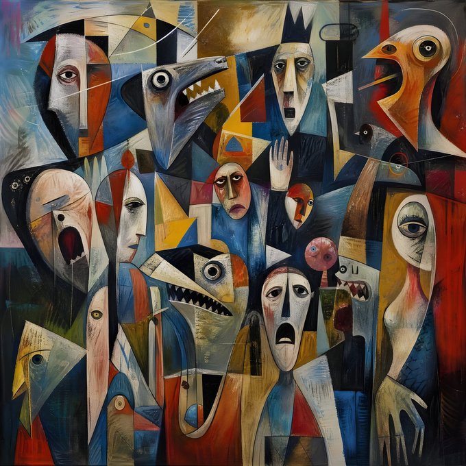 The image features a large abstract painting with various people depicted, including some who appear to be laughing or making faces. The painting has a vibrant color palette of reds, blues, greens, and yellows, creating an energetic and lively atmosphere. The artist's signature is visible in the bottom right corner of the painting.

The post reads: "GM & Happy #TEZOSTUESDAY Day 146. Don'T let my countenance Fool you". This message seems to be a playful comment on the painting or the people depicted, suggesting that their expressions and actions might not be entirely genuine.