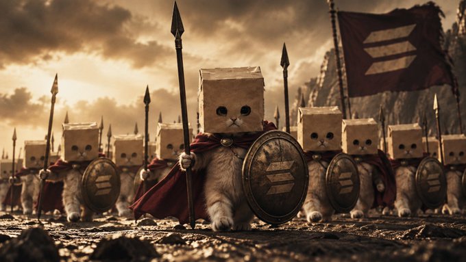 An army of armored cats with cardboard box helmets march forward wielding spears and shields bearing a stylized "Z" emblem, set against a dramatic, battle-ready landscape. The feline warriors embody the post's battle cry—fierce, unified, and charging toward victory for $ZCAT.