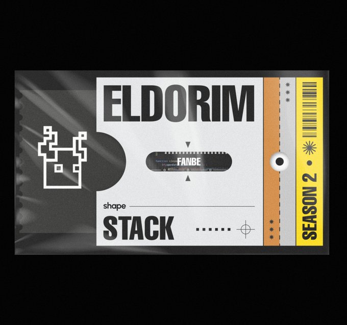 A vintage cassette-style ticket design labeled "ELDORIM" with "FANBE," "shape STACK," and "SEASON 2" on a yellow barcode strip, visually promoting the onchain strategy game Eldorim as it joins the "stack" platform—mirroring the post's call to "build your legion from the ground up."