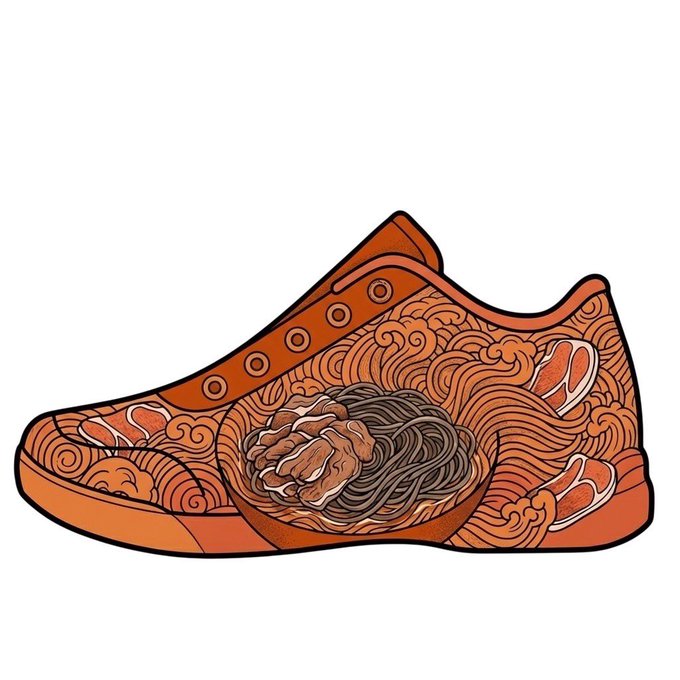 The image features a shoe with an orange sole, brown straps, and a patterned design of noodles and meat. The shoe appears to be broken or damaged, as indicated by the text "Heal3 にも 南天肉そば部ができるかちなければならない". This phrase is likely a reference to the healing properties of the shoe. The post also includes a question about the shoe's healing powers, which may be intended as a joke or a playful comment on the image.