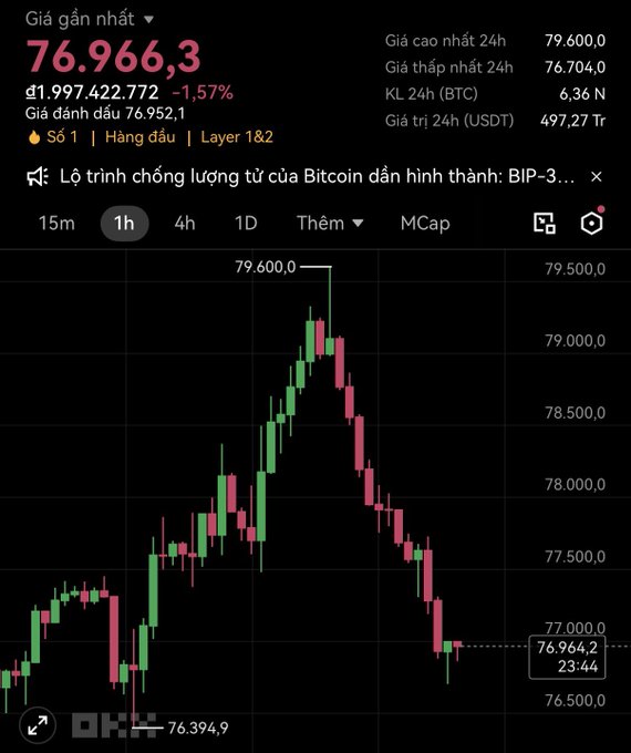 Cryptocurrency trading chart showing Bitcoin (BTC) at a recent price of 76,966.3, down 1.57%, with 24-hour high and low of 79,600.0 and 76,704.0 respectively.